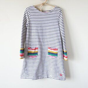 Mini Boden Striped Rainbow Pocket Long Sleeve Casual Dress Navy White Girls 6-7